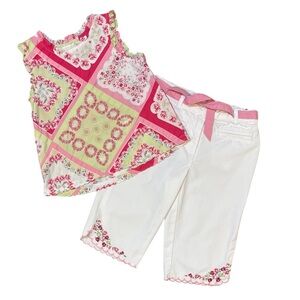 Janie and Jack Set The Table Floral Patchwork Top and White Pants Set 2T